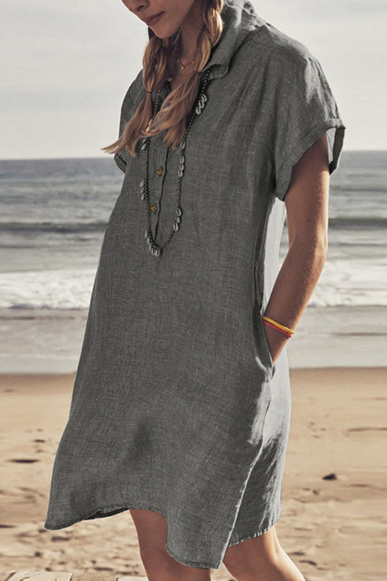 R&B | Knopfverschluss Baumwoll-Leinen Strandkleid
