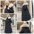 R&B | Slim Fit Überknielange Jacke mit Pelzkragen und Gürtel