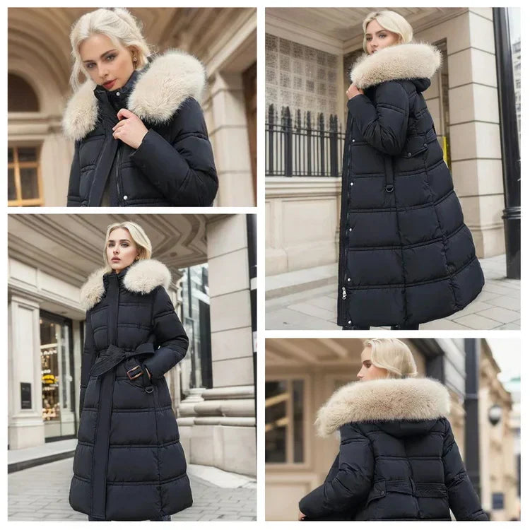 R&B | Slim Fit Überknielange Jacke mit Pelzkragen und Gürtel