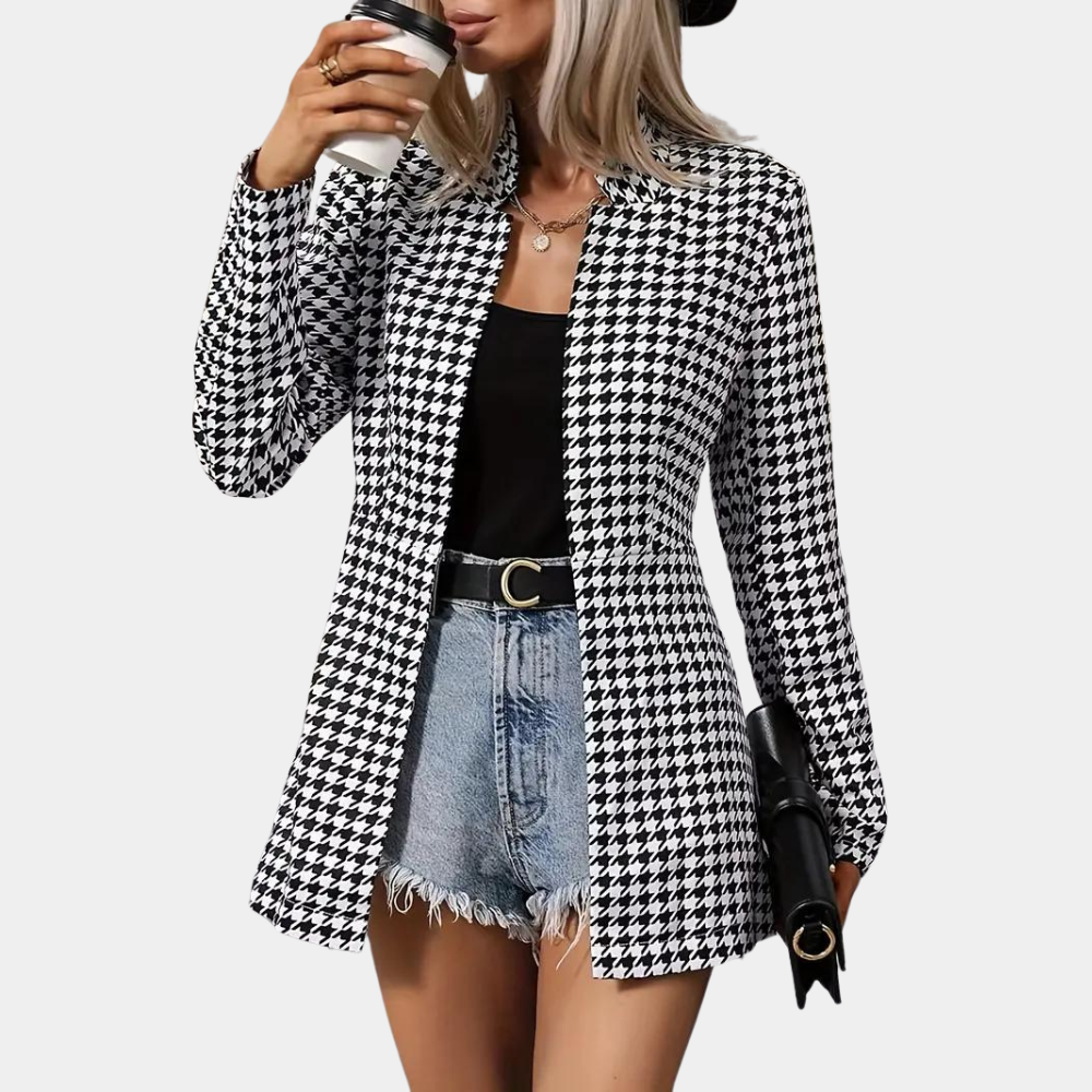 R&B | Hahnentritt Blazer - Lang geschnitten - Offene Front - Strukturiertes Kragen - Smart Casual Wear