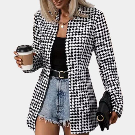 R&B | Hahnentritt Blazer - Lang geschnitten - Offene Front - Strukturiertes Kragen - Smart Casual Wear