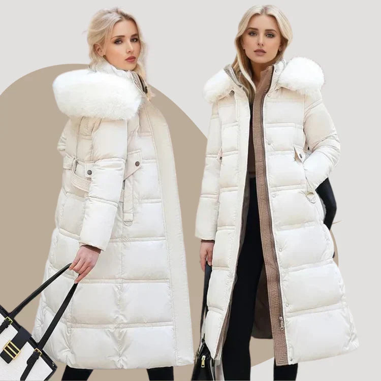 R&B | Slim Fit Überknielange Jacke mit Pelzkragen und Gürtel