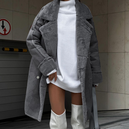 R&B | Winterplüsch Langer Cardigan Mantel mit Sakkokragen und Langen Ärmeln