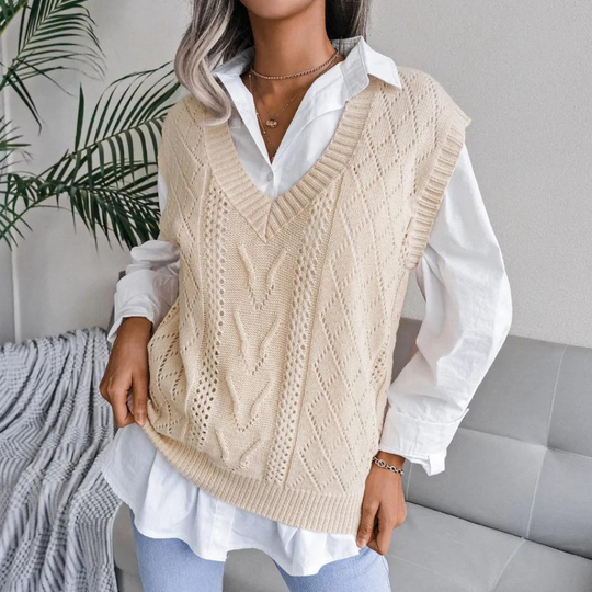 R&B | Frauen Kabelstrick V-Ausschnitt Sweater Weste