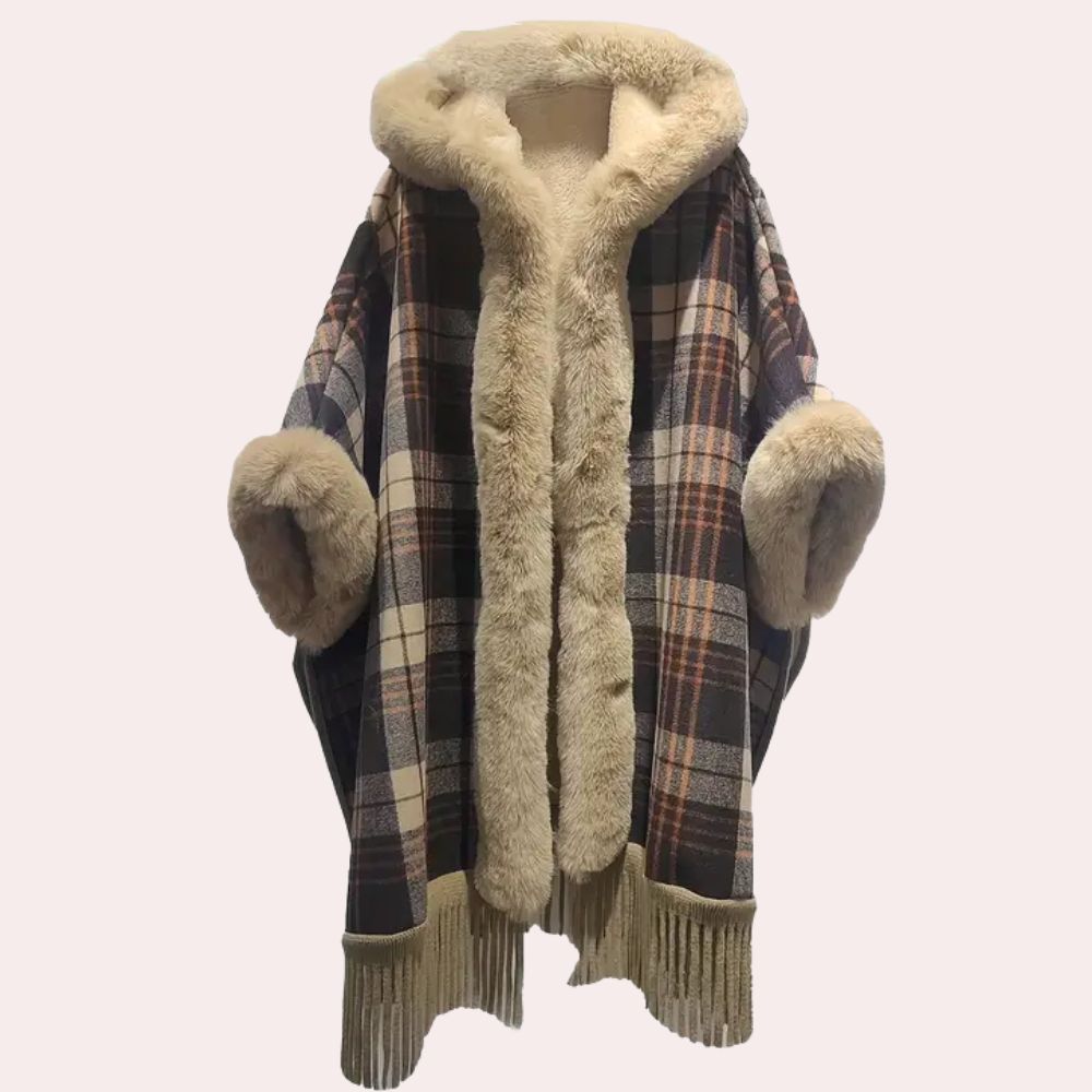 R&B | Poncho-Jacke - Luxus-Damenumhang mit Kapuze und Fake-Fur-Besatz