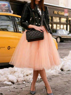 R&B | Midi-Länge Faltenrock Elastischer Tutu Aus Tüll Elegant Rosa