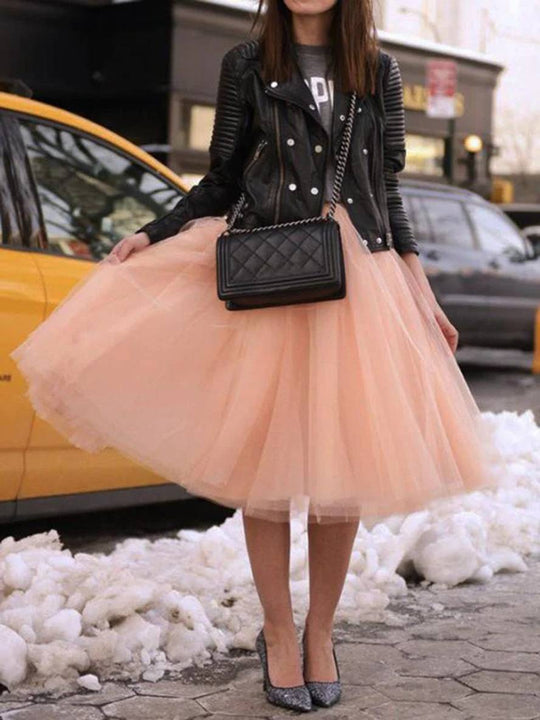 R&B | Midi-Länge Faltenrock Elastischer Tutu Aus Tüll Elegant Rosa