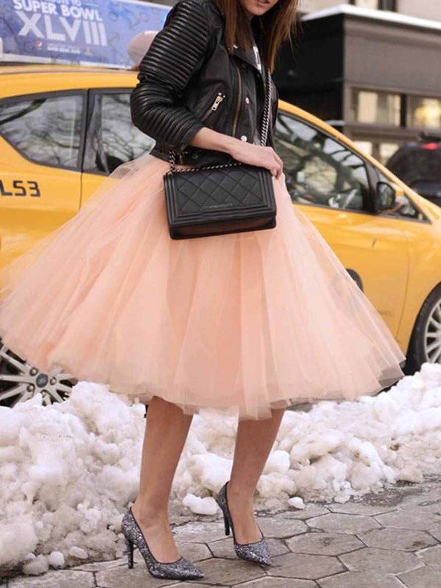 R&B | Midi-Länge Faltenrock Elastischer Tutu Aus Tüll Elegant Rosa