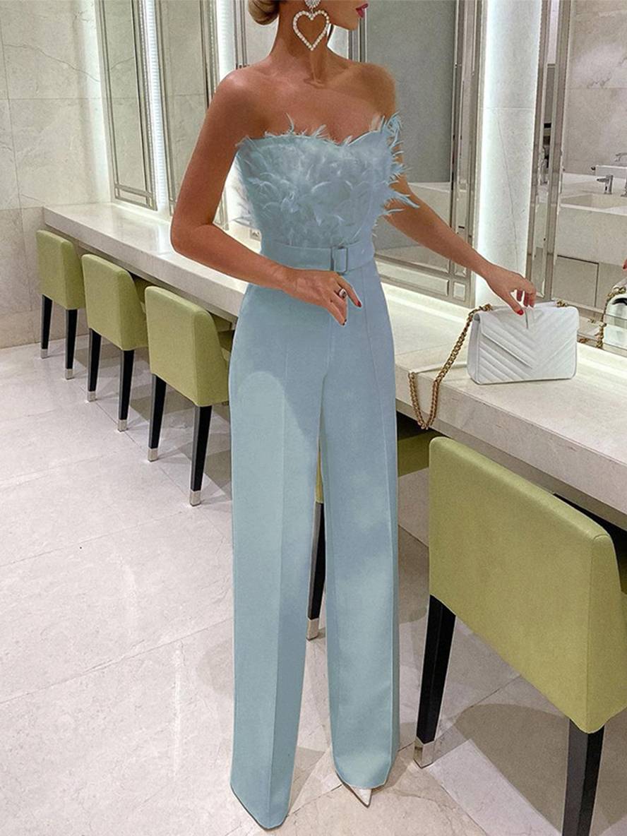 R&B | Kombination Tube mit Gerader Beinform Bustier mit Federn Elegante Frau Weiß