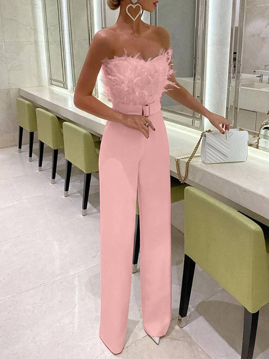 R&B | Kombination Tube mit Gerader Beinform Bustier mit Federn Elegante Frau Weiß