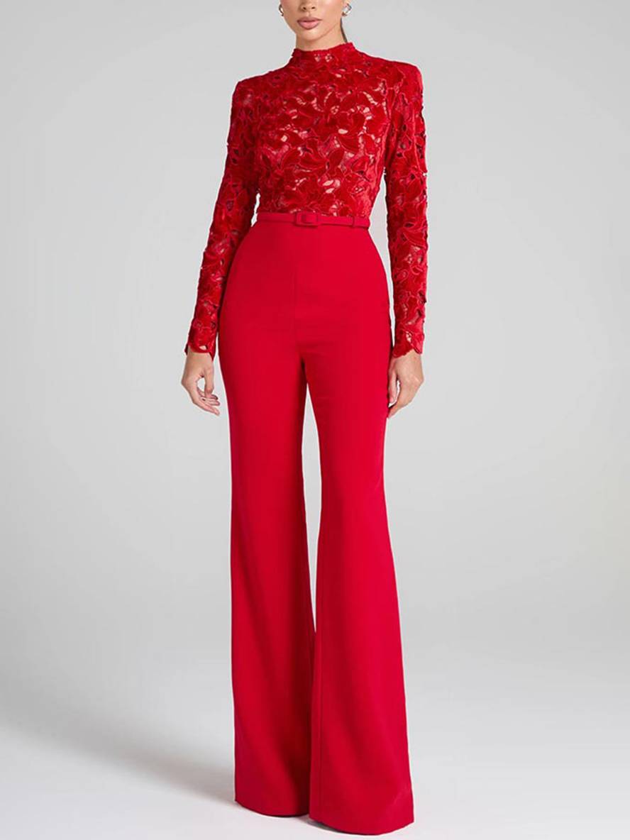 R&B | Ausgestellte Jumpsuits Englische Stickerei Runder Ausschnitt Lange Ärmel Gürtel Frauen Elegant Lässig Slim Fitness