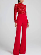 R&B | Ausgestellte Jumpsuits Englische Stickerei Runder Ausschnitt Lange Ärmel Gürtel Frauen Elegant Lässig Slim Fitness