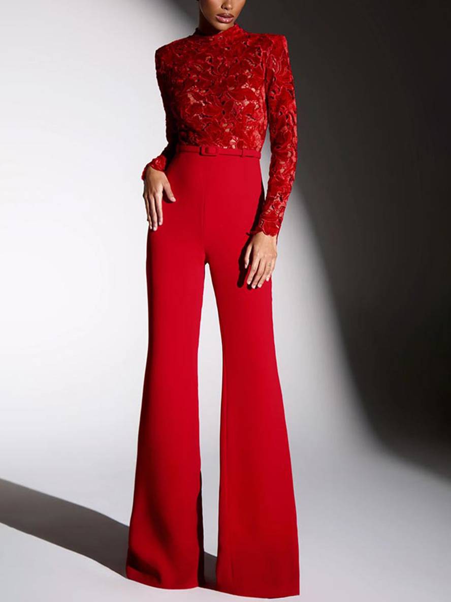 R&B | Ausgestellte Jumpsuits Englische Stickerei Runder Ausschnitt Lange Ärmel Gürtel Frauen Elegant Lässig Slim Fitness