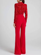 R&B | Ausgestellte Jumpsuits Englische Stickerei Runder Ausschnitt Lange Ärmel Gürtel Frauen Elegant Lässig Slim Fitness