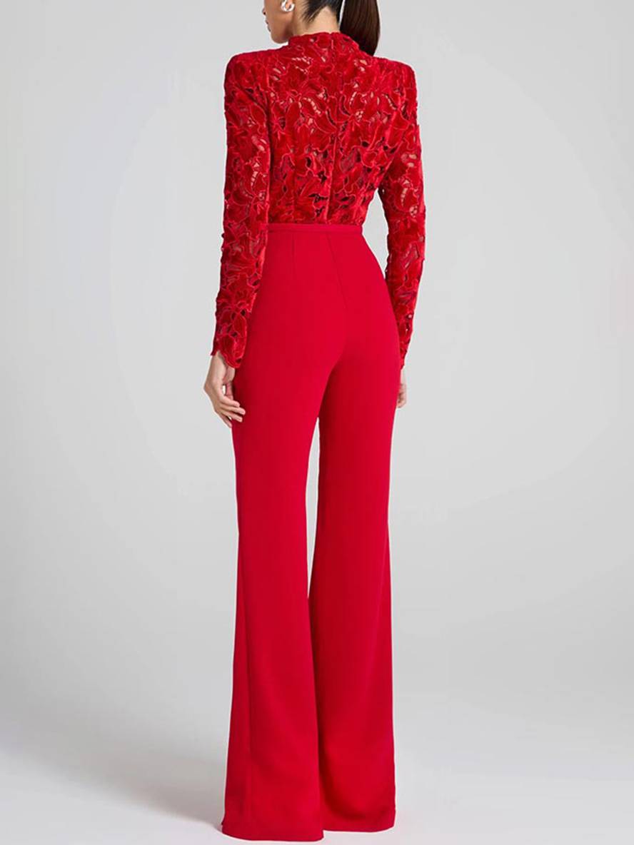 R&B | Ausgestellte Jumpsuits Englische Stickerei Runder Ausschnitt Lange Ärmel Gürtel Frauen Elegant Lässig Slim Fitness