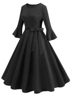 R&B | Lange Trapezkleid Fluid Schleifen-Gürtel Flauffed Ärmeln Elegant Vintage Abschlussball Halloween