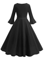 R&B | Lange Trapezkleid Fluid Schleifen-Gürtel Flauffed Ärmeln Elegant Vintage Abschlussball Halloween