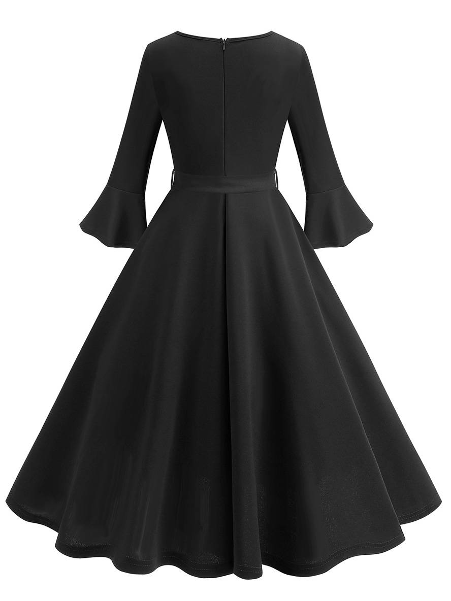R&B | Lange Trapezkleid Fluid Schleifen-Gürtel Flauffed Ärmeln Elegant Vintage Abschlussball Halloween