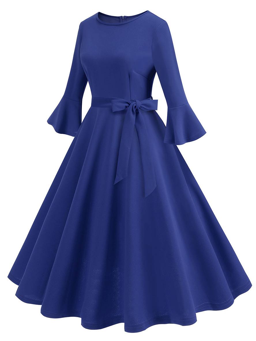 R&B | Lange Trapezkleid Fluid Schleifen-Gürtel Flauffed Ärmeln Elegant Vintage Abschlussball Halloween