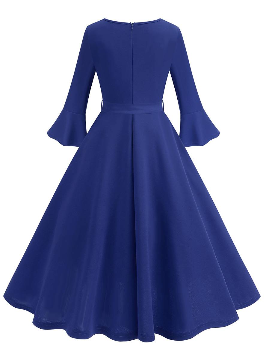 R&B | Lange Trapezkleid Fluid Schleifen-Gürtel Flauffed Ärmeln Elegant Vintage Abschlussball Halloween