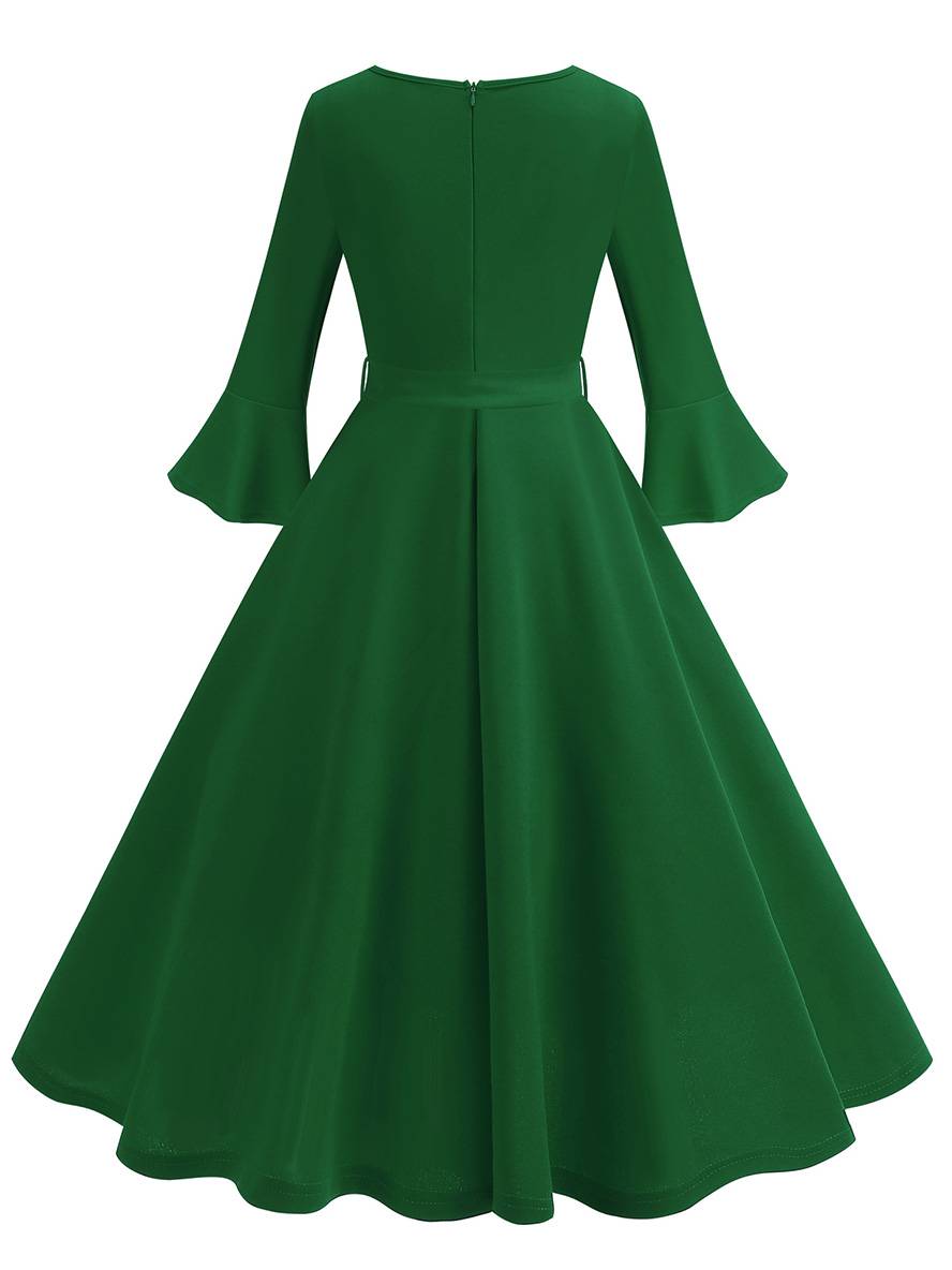 R&B | Lange Trapezkleid Fluid Schleifen-Gürtel Flauffed Ärmeln Elegant Vintage Abschlussball Halloween