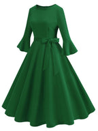 R&B | Lange Trapezkleid Fluid Schleifen-Gürtel Flauffed Ärmeln Elegant Vintage Abschlussball Halloween