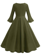 R&B | Lange Trapezkleid Fluid Schleifen-Gürtel Flauffed Ärmeln Elegant Vintage Abschlussball Halloween