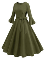 R&B | Lange Trapezkleid Fluid Schleifen-Gürtel Flauffed Ärmeln Elegant Vintage Abschlussball Halloween