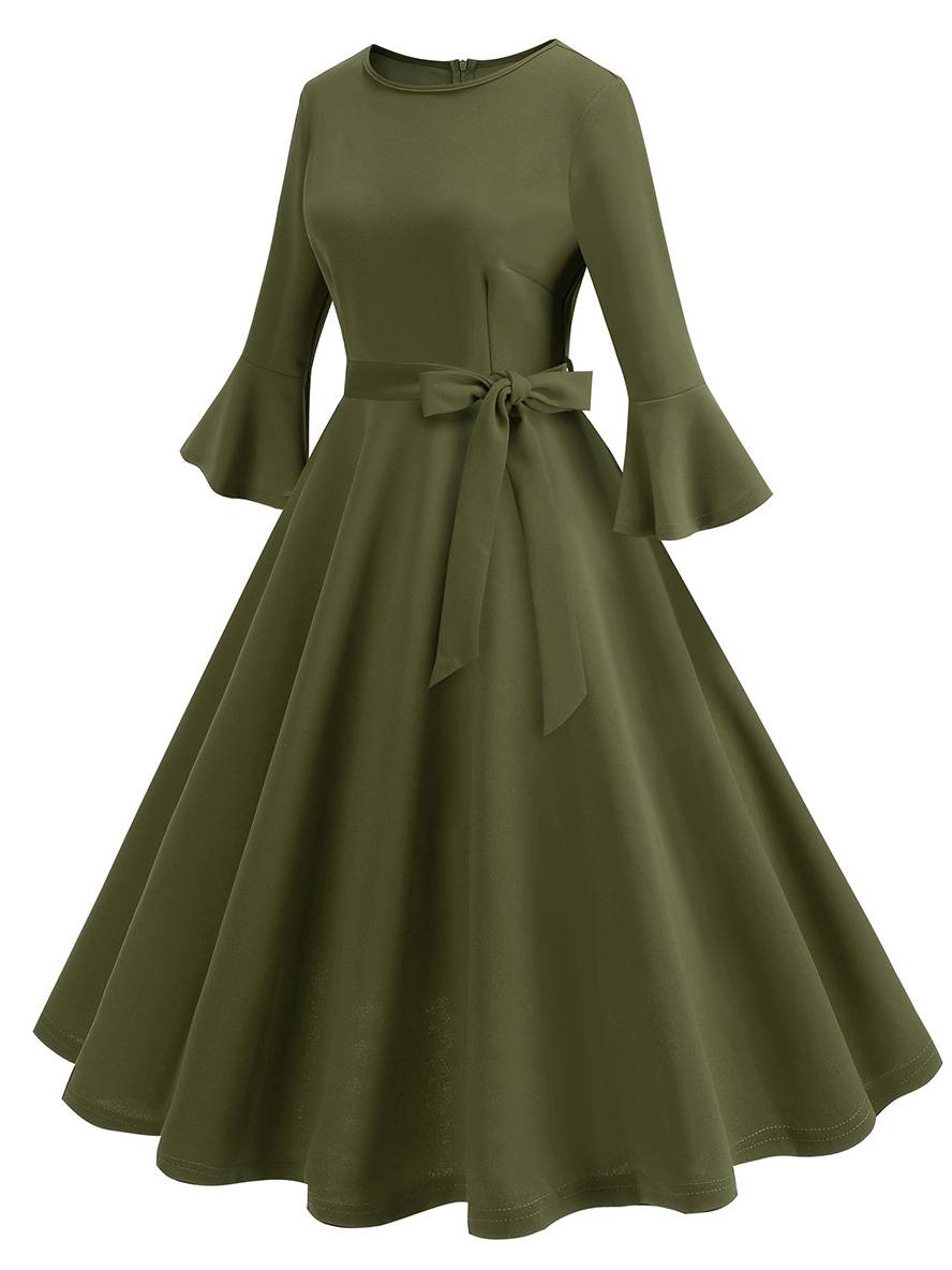 R&B | Lange Trapezkleid Fluid Schleifen-Gürtel Flauffed Ärmeln Elegant Vintage Abschlussball Halloween