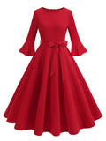 R&B | Lange Trapezkleid Fluid Schleifen-Gürtel Flauffed Ärmeln Elegant Vintage Abschlussball Halloween