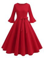 R&B | Lange Trapezkleid Fluid Schleifen-Gürtel Flauffed Ärmeln Elegant Vintage Abschlussball Halloween