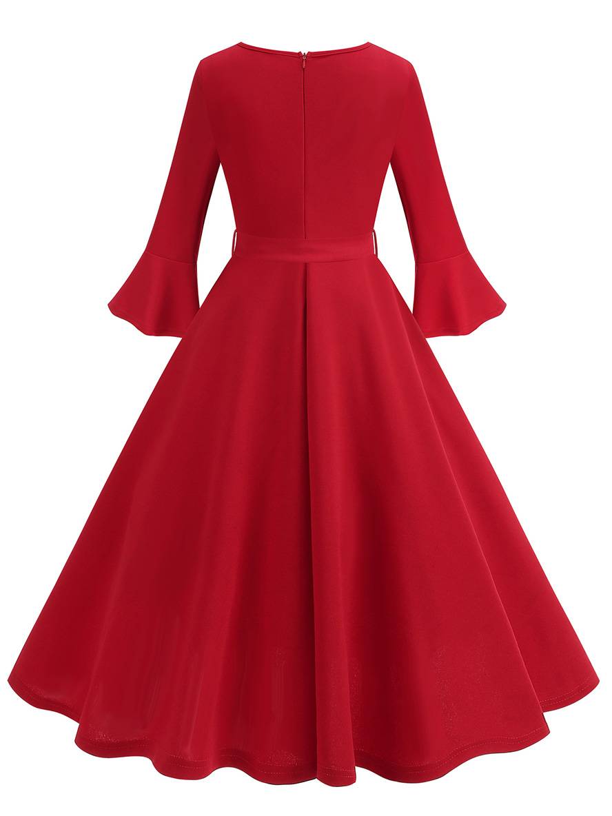 R&B | Lange Trapezkleid Fluid Schleifen-Gürtel Flauffed Ärmeln Elegant Vintage Abschlussball Halloween