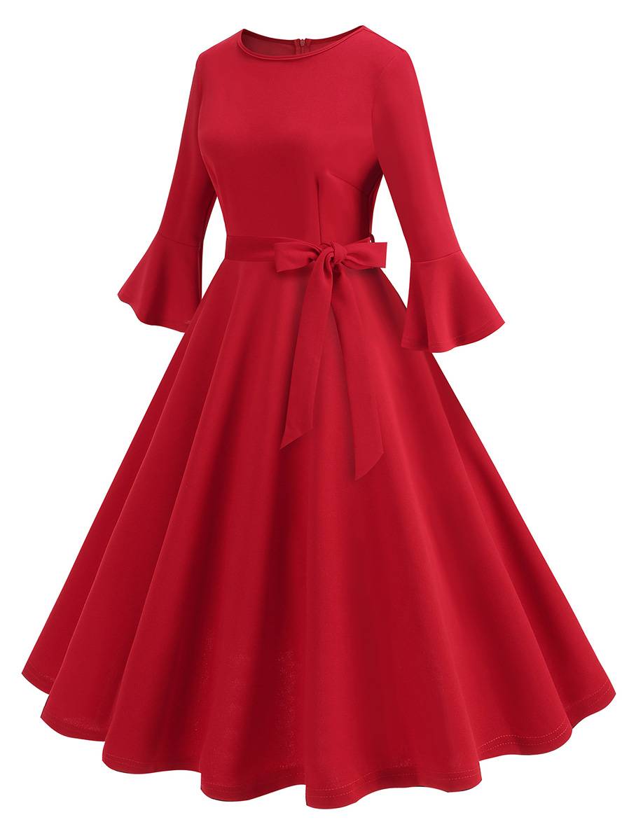 R&B | Lange Trapezkleid Fluid Schleifen-Gürtel Flauffed Ärmeln Elegant Vintage Abschlussball Halloween