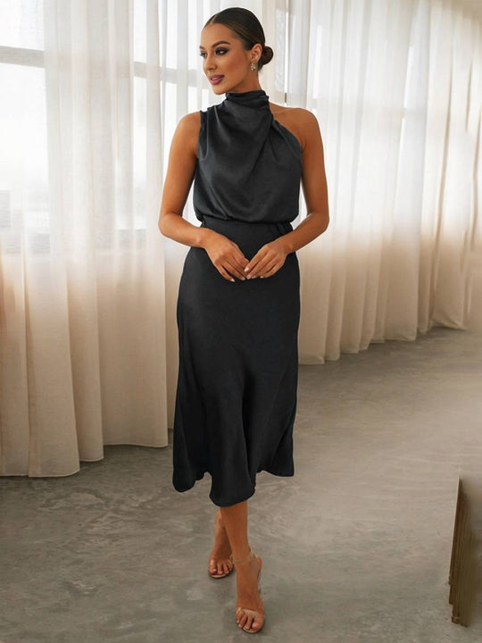 R&B | Lange Satin Brautjungfernkleid Unregelmäßiger Rollkragen Halsband Ärmless Elegant Abendkleid für Hochzeit