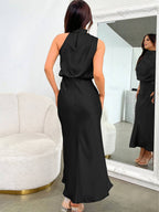 R&B | Lange Satin Brautjungfernkleid Unregelmäßiger Rollkragen Halsband Ärmless Elegant Abendkleid für Hochzeit