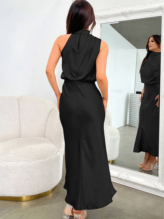 R&B | Lange Satin Brautjungfernkleid Unregelmäßiger Rollkragen Halsband Ärmless Elegant Abendkleid für Hochzeit