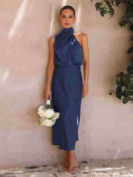 R&B | Lange Satin Brautjungfernkleid Unregelmäßiger Rollkragen Halsband Ärmless Elegant Abendkleid für Hochzeit