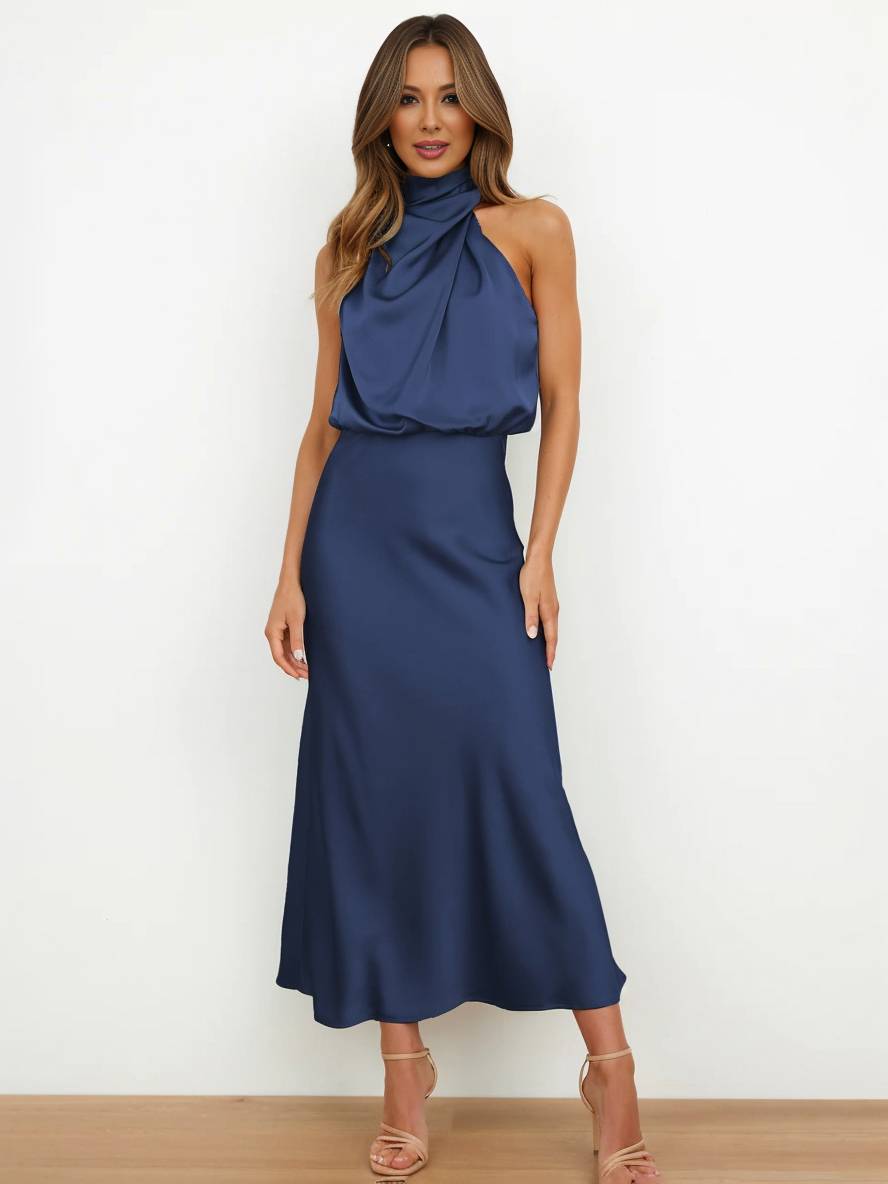 R&B | Lange Satin Brautjungfernkleid Unregelmäßiger Rollkragen Halsband Ärmless Elegant Abendkleid für Hochzeit