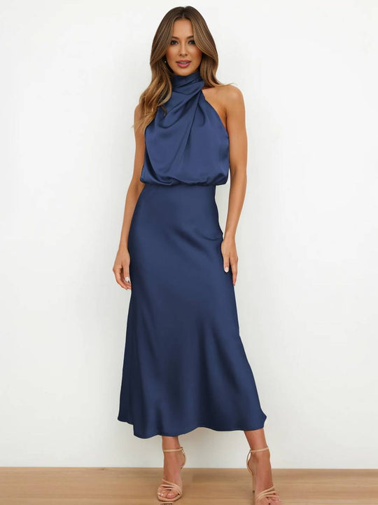 R&B | Lange Satin Brautjungfernkleid Unregelmäßiger Rollkragen Halsband Ärmless Elegant Abendkleid für Hochzeit