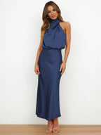 R&B | Lange Satin Brautjungfernkleid Unregelmäßiger Rollkragen Halsband Ärmless Elegant Abendkleid für Hochzeit