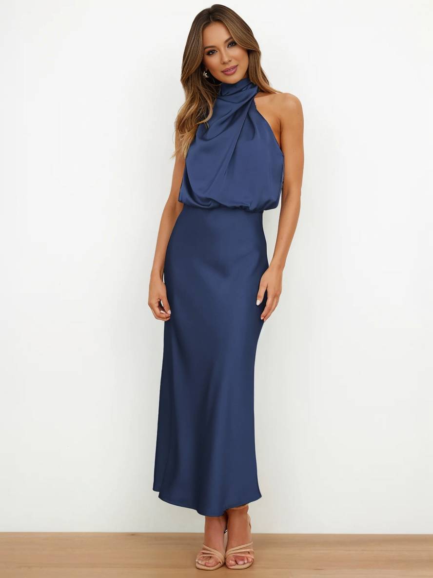 R&B | Lange Satin Brautjungfernkleid Unregelmäßiger Rollkragen Halsband Ärmless Elegant Abendkleid für Hochzeit