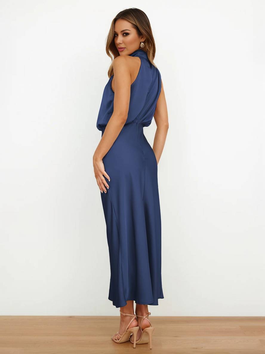 R&B | Lange Satin Brautjungfernkleid Unregelmäßiger Rollkragen Halsband Ärmless Elegant Abendkleid für Hochzeit