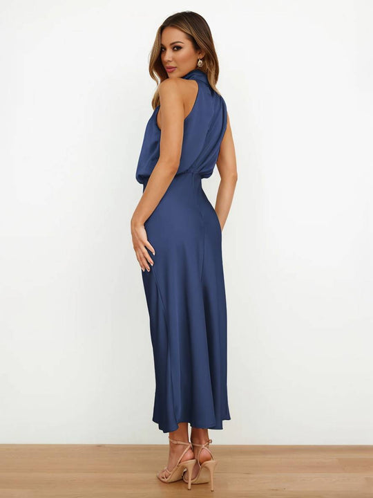 R&B | Lange Satin Brautjungfernkleid Unregelmäßiger Rollkragen Halsband Ärmless Elegant Abendkleid für Hochzeit
