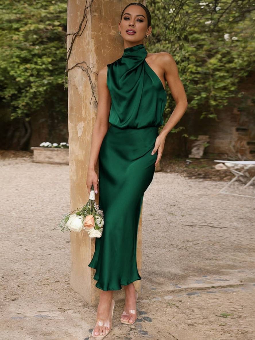 R&B | Lange Satin Brautjungfernkleid Unregelmäßiger Rollkragen Halsband Ärmless Elegant Abendkleid für Hochzeit