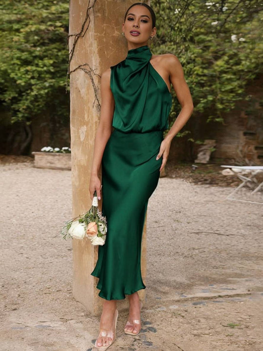 R&B | Lange Satin Brautjungfernkleid Unregelmäßiger Rollkragen Halsband Ärmless Elegant Abendkleid für Hochzeit