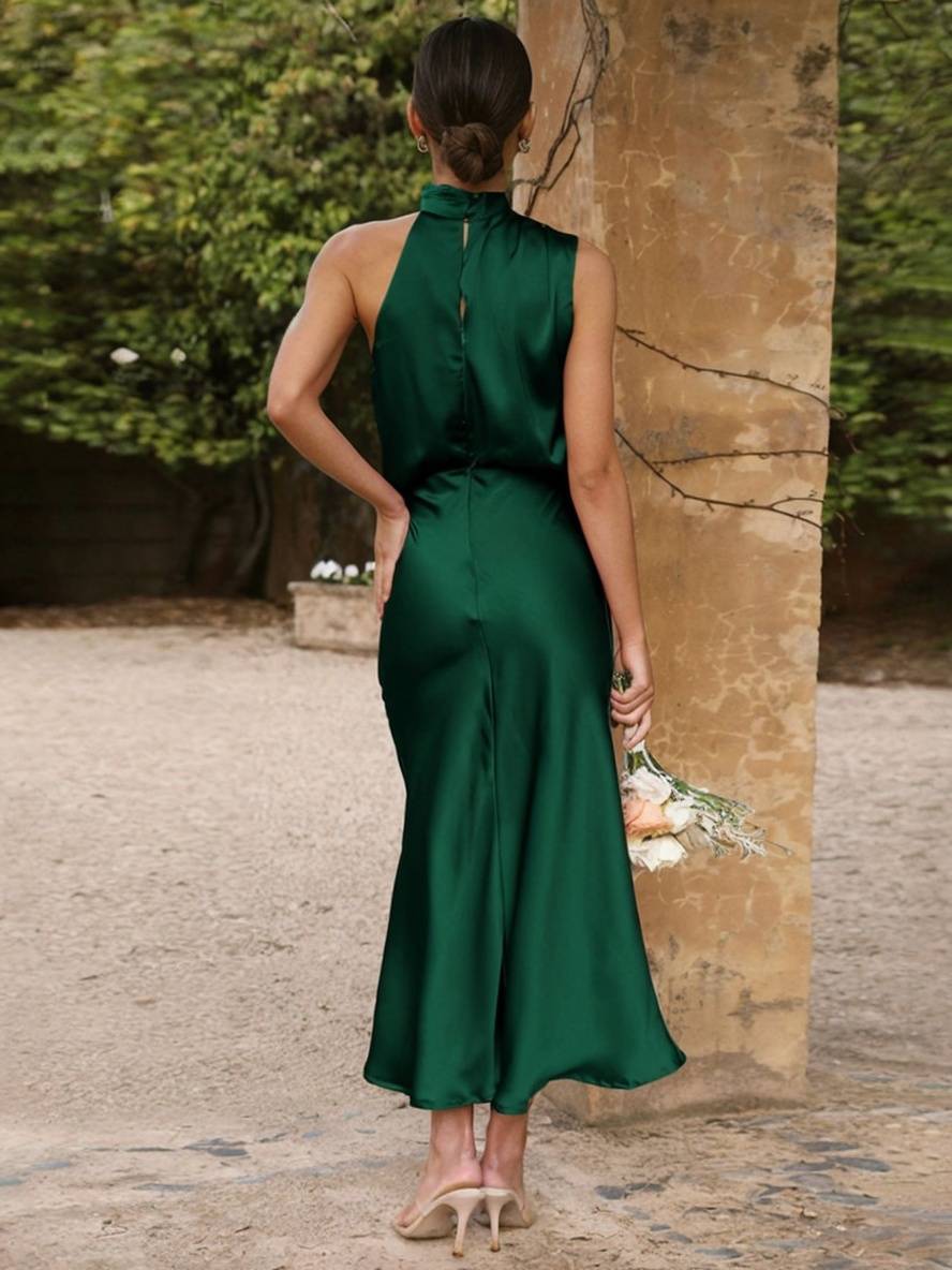 R&B | Lange Satin Brautjungfernkleid Unregelmäßiger Rollkragen Halsband Ärmless Elegant Abendkleid für Hochzeit