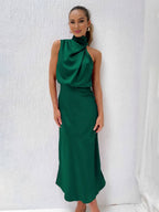 R&B | Lange Satin Brautjungfernkleid Unregelmäßiger Rollkragen Halsband Ärmless Elegant Abendkleid für Hochzeit