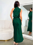 R&B | Lange Satin Brautjungfernkleid Unregelmäßiger Rollkragen Halsband Ärmless Elegant Abendkleid für Hochzeit