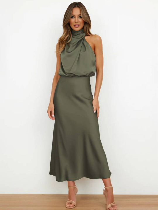 R&B | Lange Satin Brautjungfernkleid Unregelmäßiger Rollkragen Halsband Ärmless Elegant Abendkleid für Hochzeit