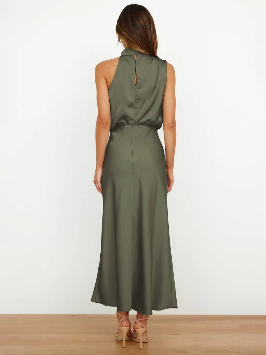R&B | Lange Satin Brautjungfernkleid Unregelmäßiger Rollkragen Halsband Ärmless Elegant Abendkleid für Hochzeit